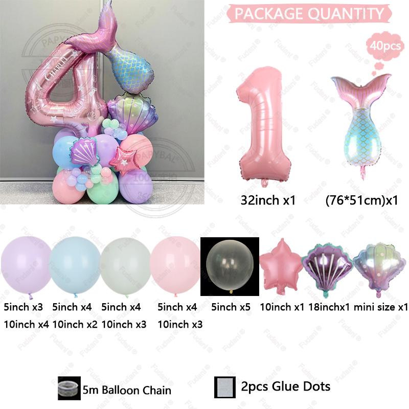 40pcs Gradient Mermaid Tail Shell Balloon 32inch Pink Numbers 1-9 Birthday Balloon Set Ocean Themed Party Decoration Photo Props