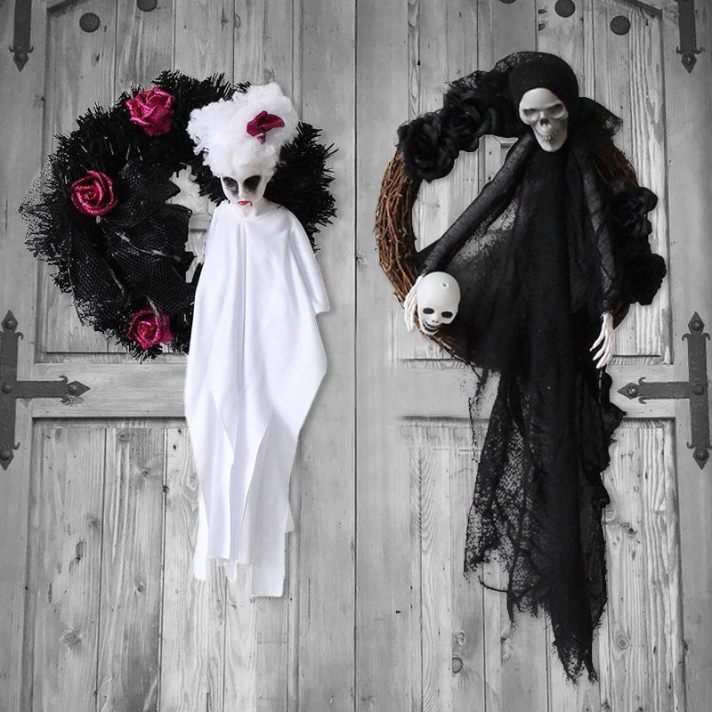Halloween Party Decor For Home Black White Ghost Wreath Wall Hanging Ornament Halloween Party Home Decoration Props 2023 New