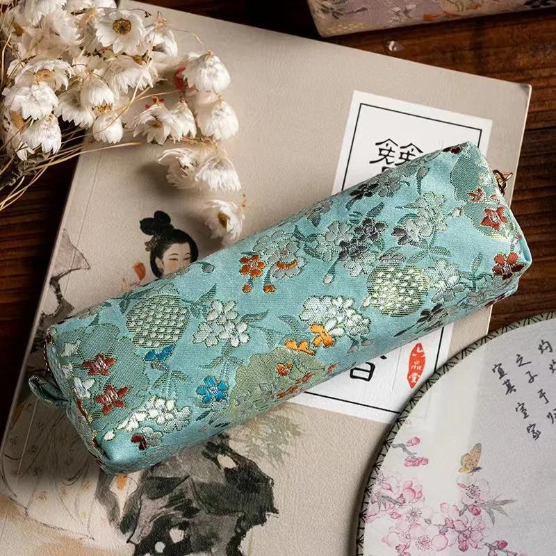 Vintage Embroidery Pencil Case Art Flower Bird Silk Brocade Pen Bags School Supplies Household Sundry Storage Pouch Kids Gifts