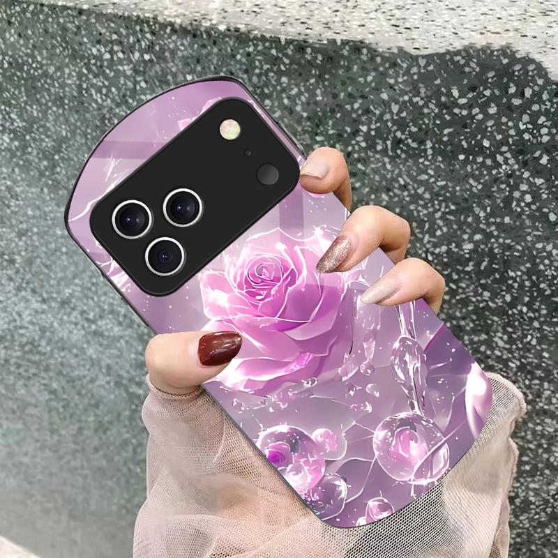 Ice crystal-colored roses For iPhone 17 16 15 14 Pro 13 Plus 12 mini 11 Pro Max XR X S 7 8 Elliptical Tempered Glass Phone Case