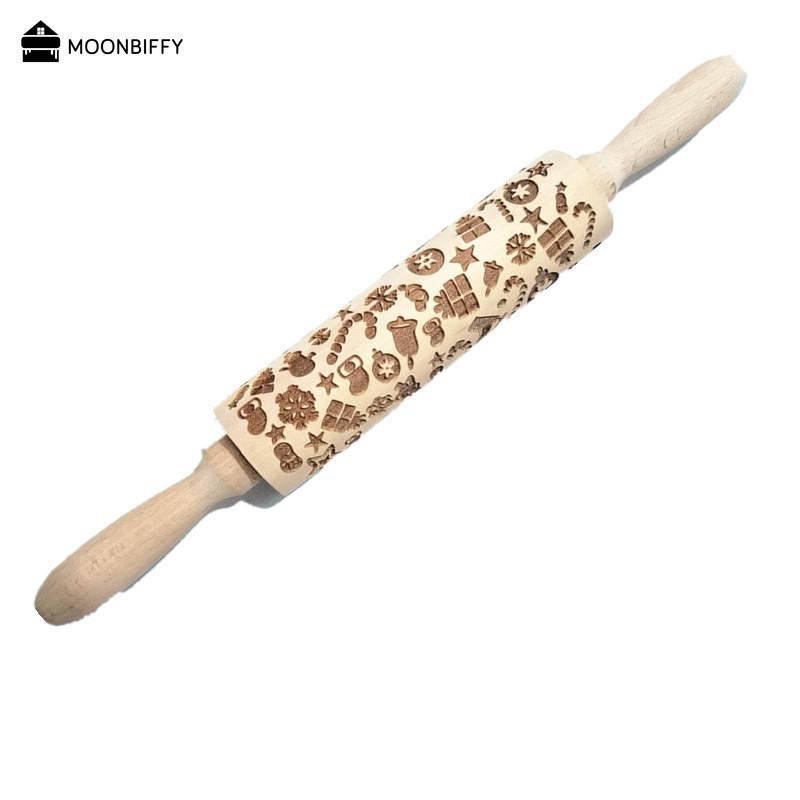Christmas Rolling Pins Rock Snowflake Elk Wooden Rolling Embossing Baking Cookies Biscuit Fondant Cake Patterned Roller 35*5cm