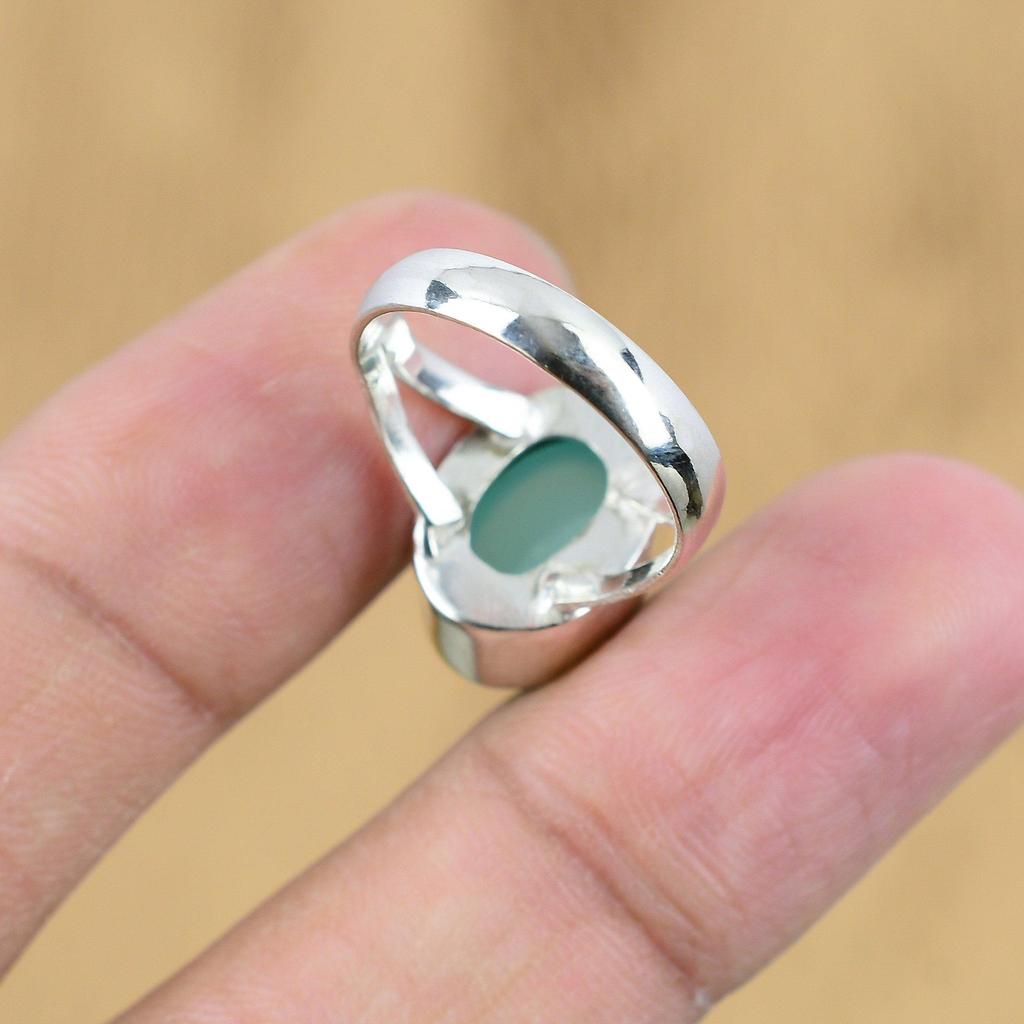 Natural Green Chalcedony Boho Promise Wedding Ring Size 7.75 925 Sterling Silver