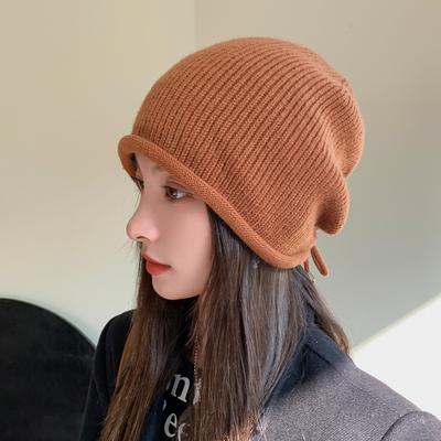 Autumn and Winter Women's Ear Protection Warm and Fashionable Small Woolen Toe Cap with Tethered Solid Color Knitted Hat