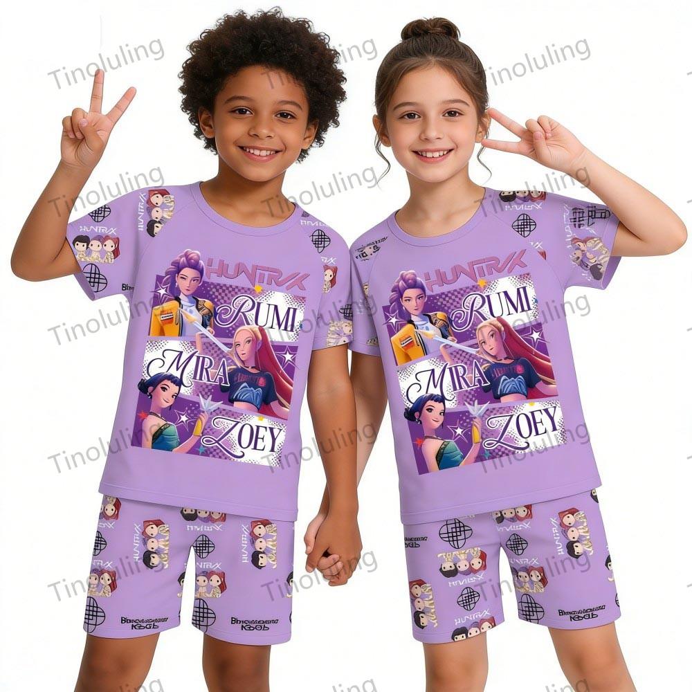 Boys Girls Pajamas Sets Summer Kids Pjs Short 3 5 6 7 8 9 10 11 12 Years Funny Toddler Pyjamas Kpop Demon Hunters Child Clothing