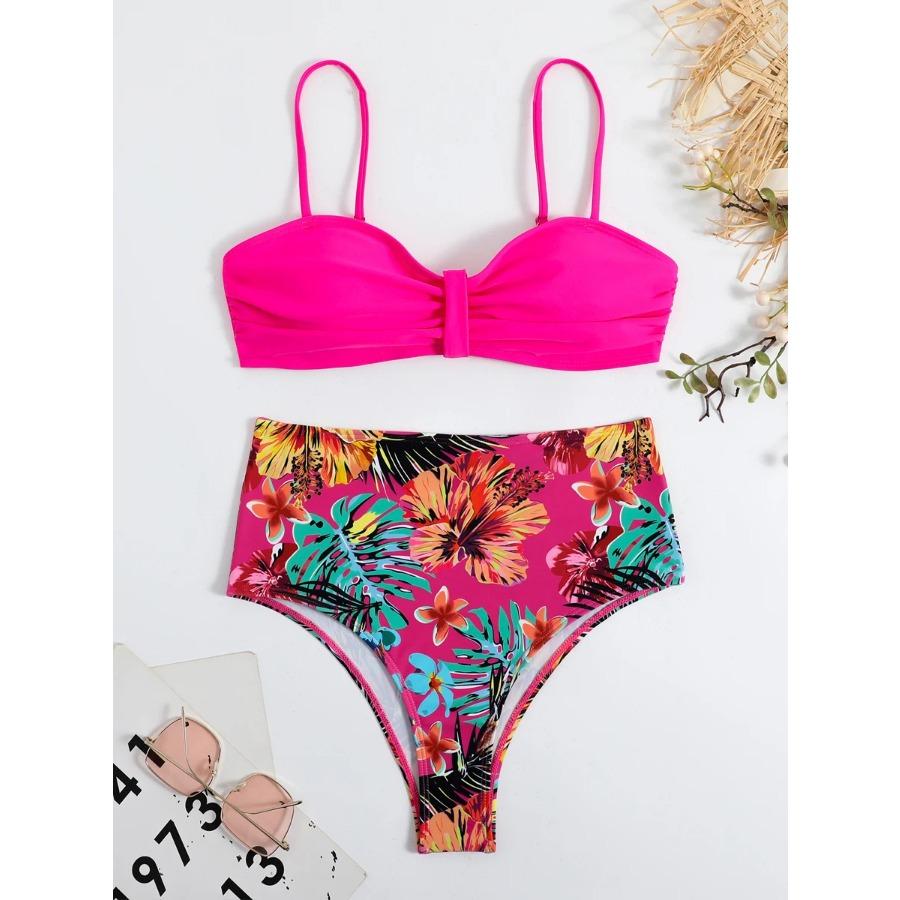 Sexy Solide Bandeau Bikini Set Frauen Tropical Gedruckt Bademode Weiblichen Push-Up Badeanzug Hohe Taille Badeanzug Krawatte Zurück Beachwear