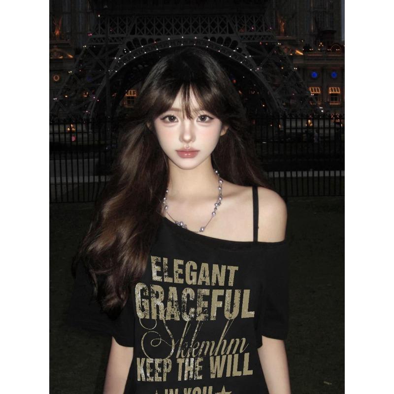 American High Street Slanted Shoulder Short-sleeved T-shirt Women In Summer Lazy Style Slim Versatile Top
