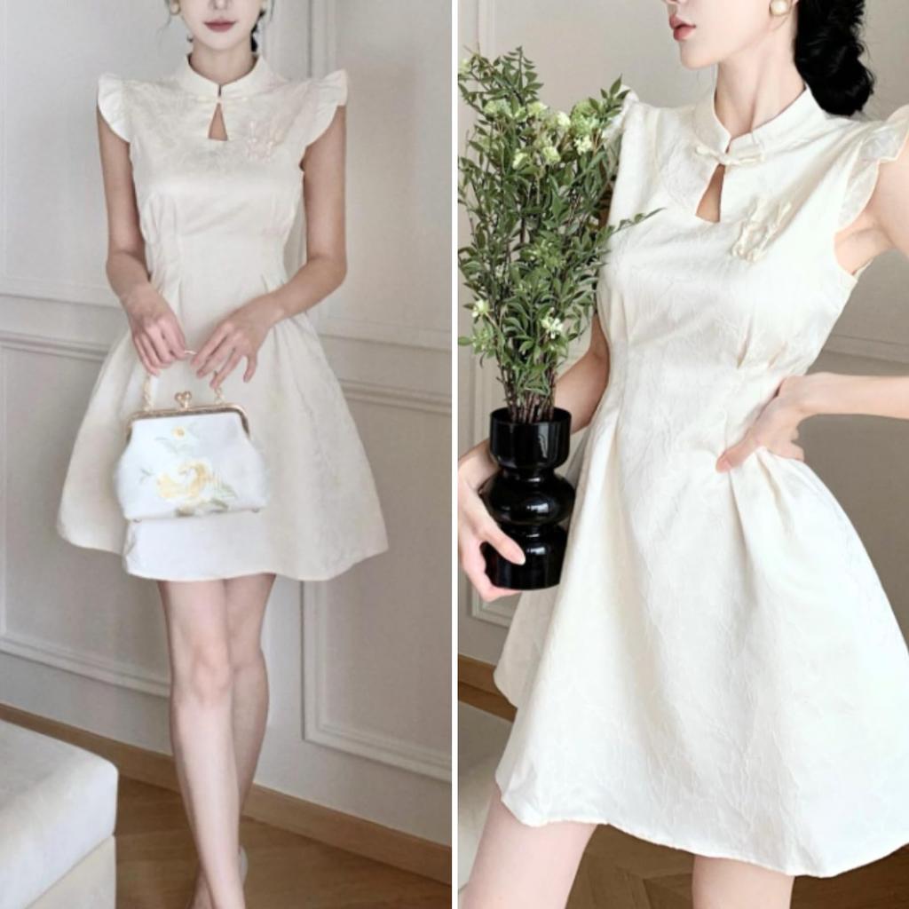 Uccellino Cheongsam Dress, Mini Ruffles, Neat and Clean Dress, Perfect for Cosplay, Dates, Halloween, and Parties (Size L)