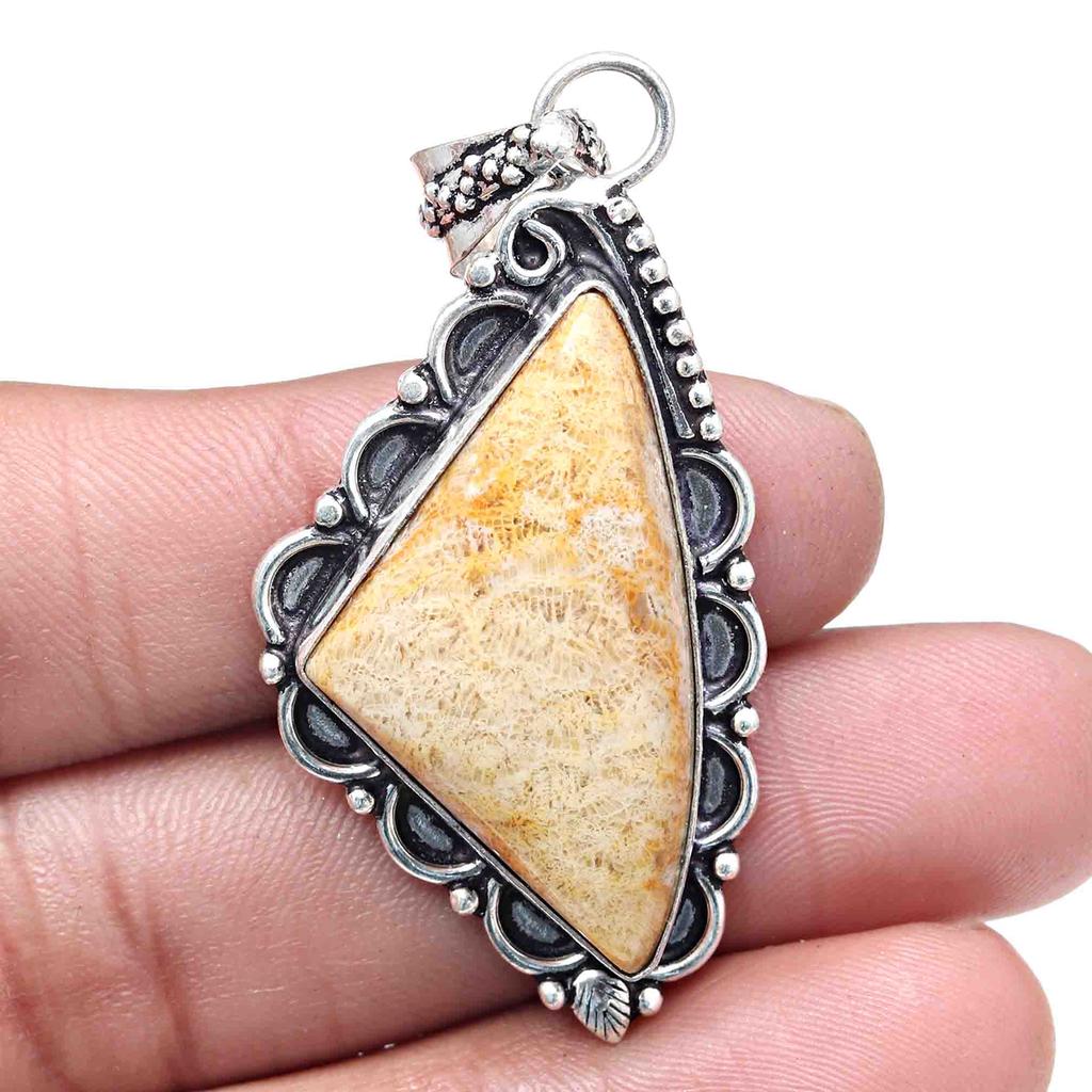 Pendant Fossil Coral Gemstone Handicraft Valentine'Day Silver Jewelry 2.25"