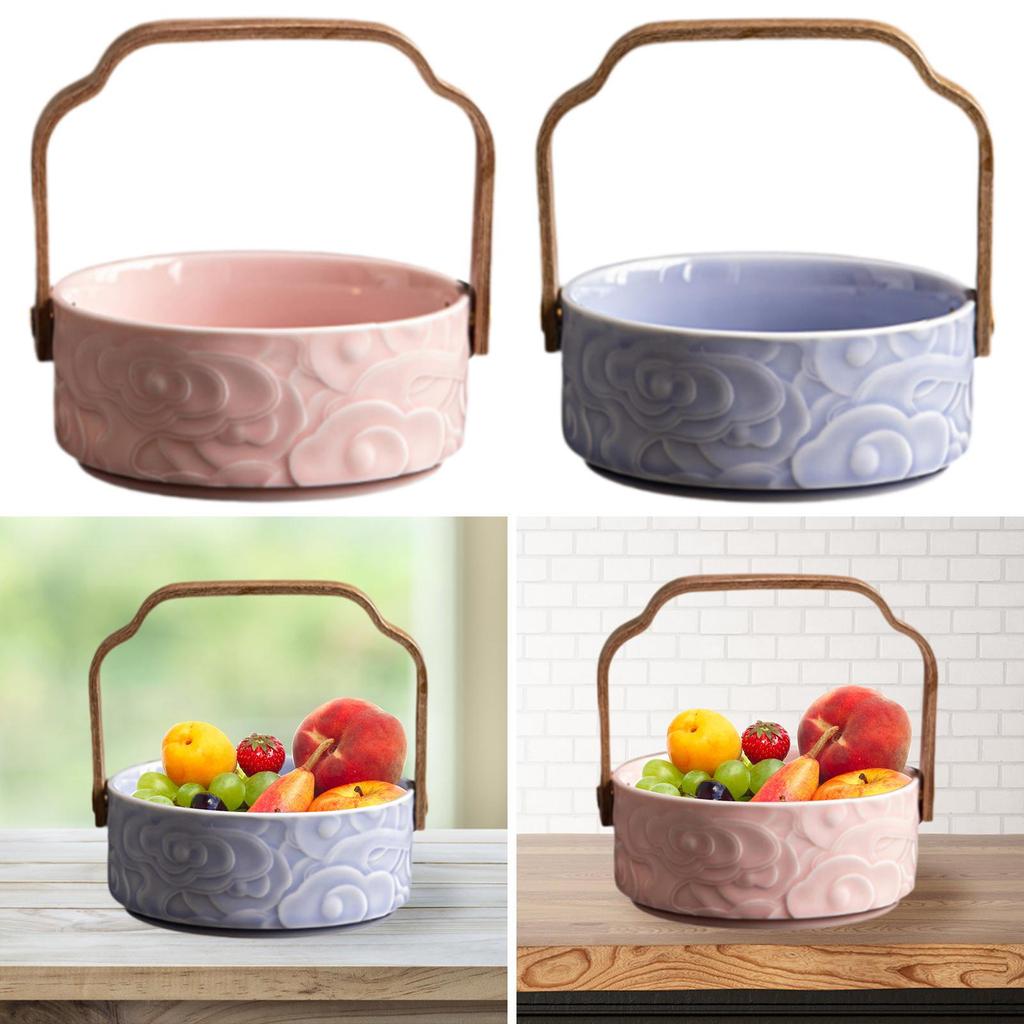 Decorative Basket with Wooden Handle, Ceramic Fruit Bowl Holder, Bread for Home Picnic Table