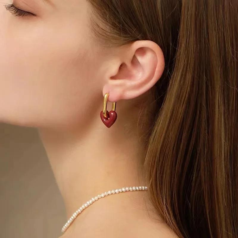 French Retro Romantic Wine Red Heart Pendant Earrings For Women Wedding Party Girls Fashion Zircon Christmas Gift Accessories