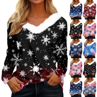 Women's Long Sleeve Christmas Printed Party Plush Neck Wide Casual V-Neck Top