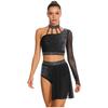 Women's Latin Dance Costume S-XXL: Asymmetrical Halter Top with Single Sleeve & Stappy Back + Rhinestone Mesh Hem Shorts