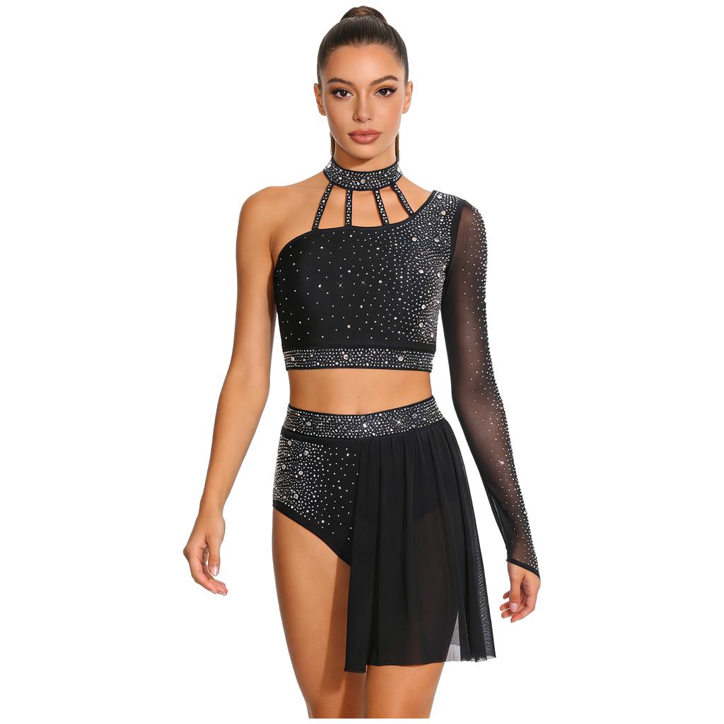 Women's Latin Dance Costume S-XXL: Asymmetrical Halter Top with Single Sleeve & Stappy Back + Rhinestone Mesh Hem Shorts