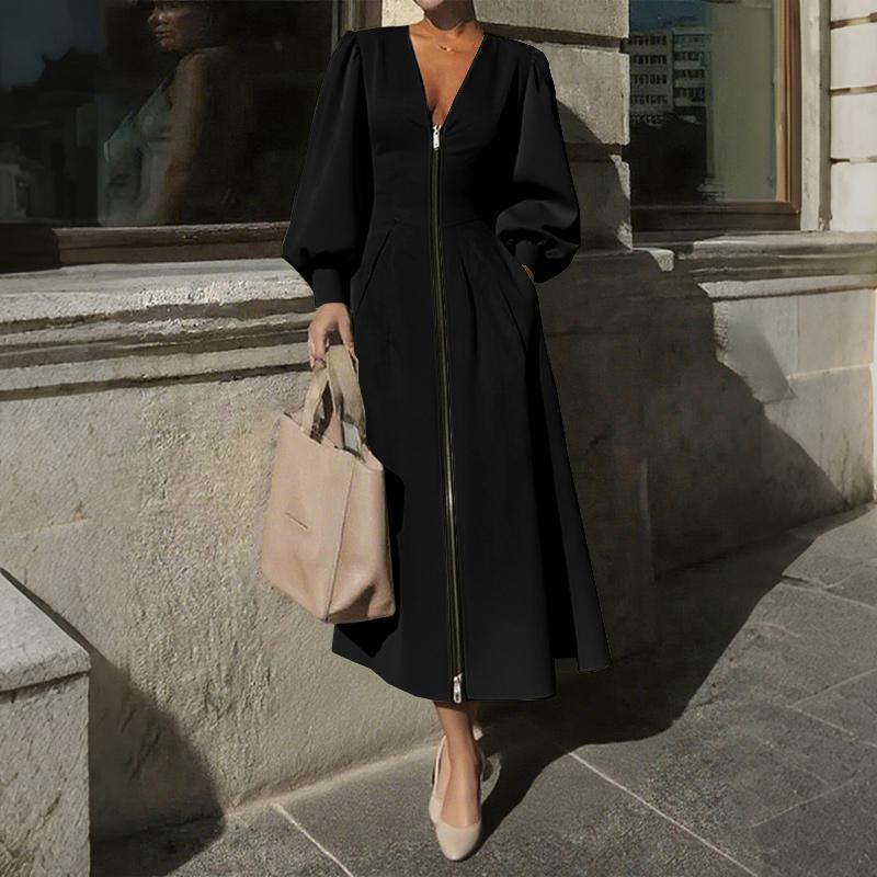ZANZEA Women Casual Zipper V-Neck Long Sleeve Dress