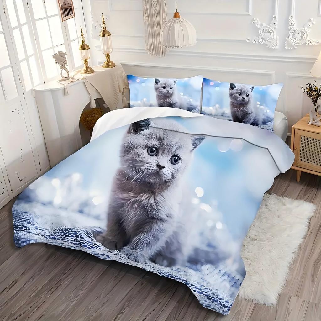 Cute Kitten 3D Printed Duvet Cover Set Soft Comfortable Polyester Luxury Bedding Set Cute Animal Style Quilt Cover Pillowcases