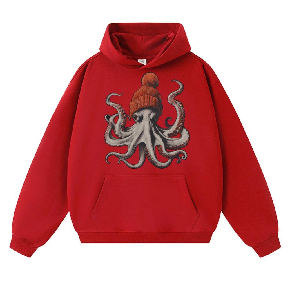Bere Takmış Komik Ahtapot Grafik Kapüşonlu Sweatshirt Erkek Kadın Moda 90lar Vintage Uzun Kollu Oversize Polar Sweatshirt