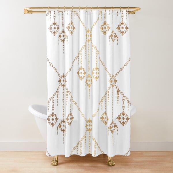 Golden Baroque Symmetrical Shower Curtain, Paisley Bohemian Tribal Ethnic Damask Ornament Luxury Design Bathroom Shower Curtain
