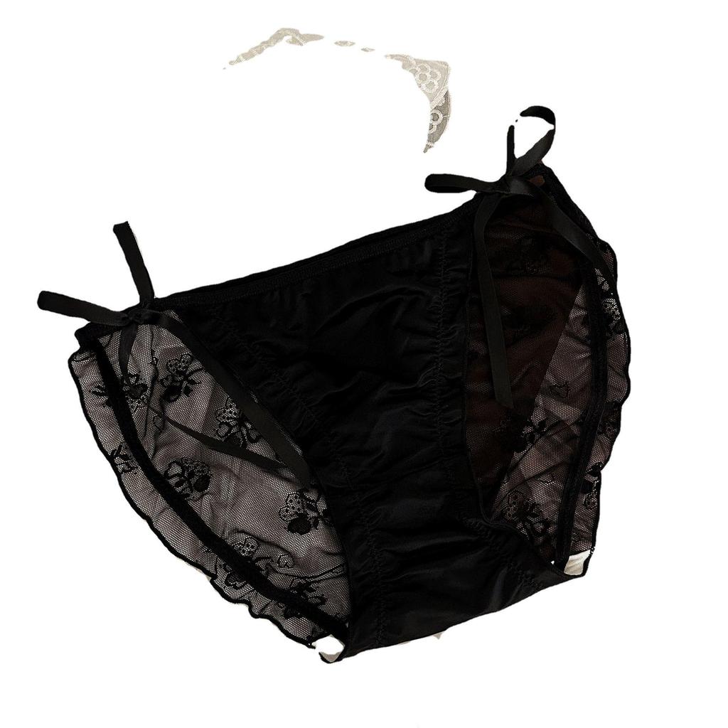 Silk Satin Lace Bow Mesh Women's Semi-Sheer Hip-Wrap Briefs