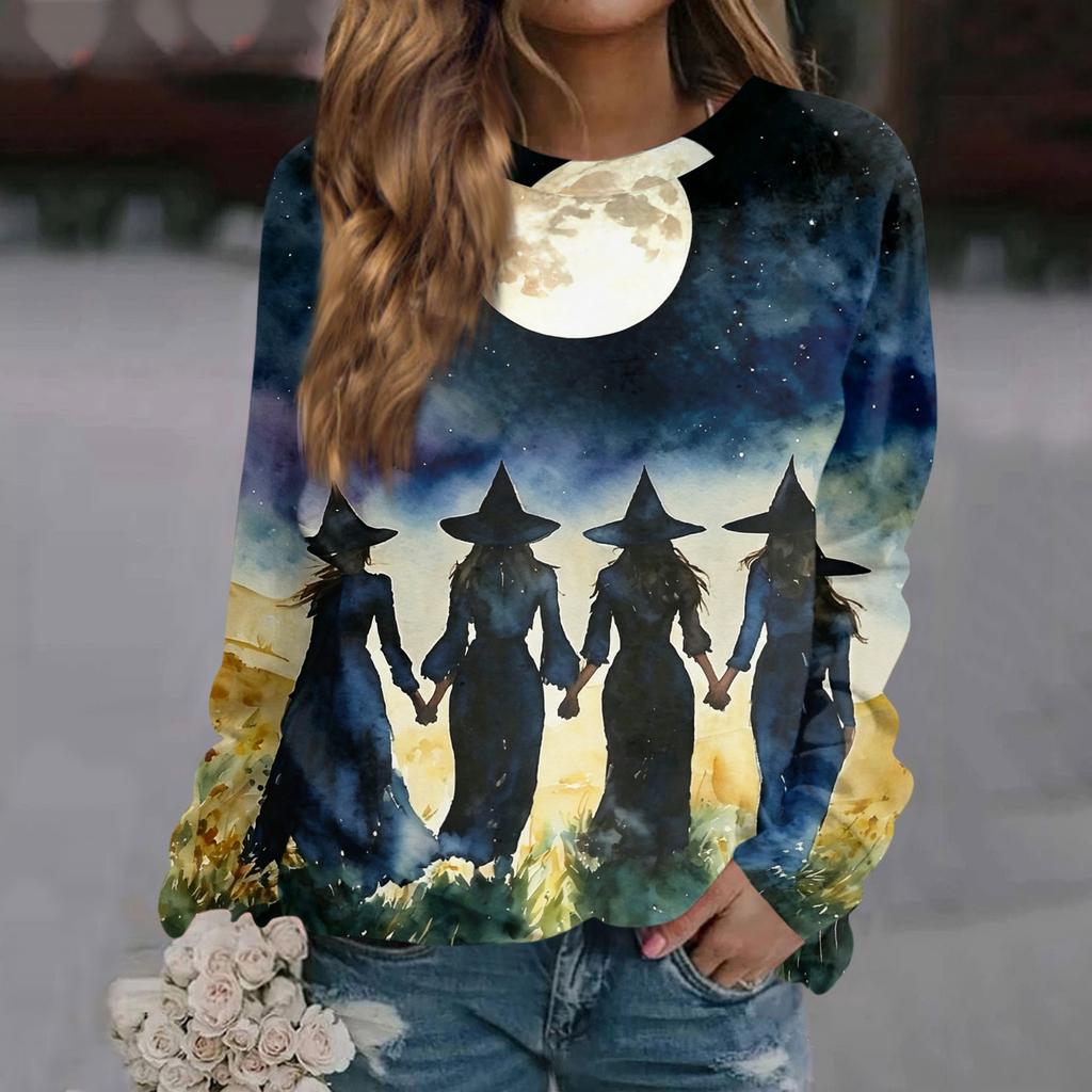 Women's Casual Long Sleeve Printed Raglan Sleeve Pullover Top for Halloween