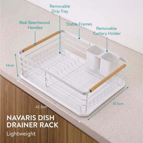 Navaris Dish Drainer, Kitchen Rack, Dish Drainer, Draining Tray, for Washing Dishes, Kitchen, Durable, with Handles, 42.5x31.5x14cm, White