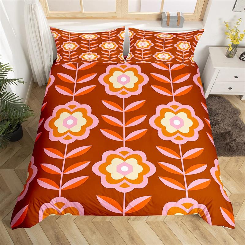 Retro Hippie Flower Duvet Cover Rainbow Floral Bedding Set Polyester Cartoon Ghost Comforter Cover Set 60S 70S Groovy Bedclothes