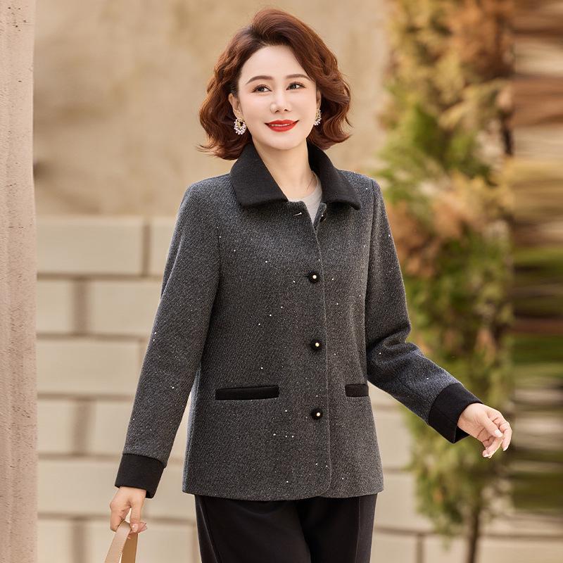 Mom's Spring Woolen Lapel Suit: Stylish Small Fragrance Outerwear for Mid-aged & Elderly Women - Perfect for Spring & Autumn