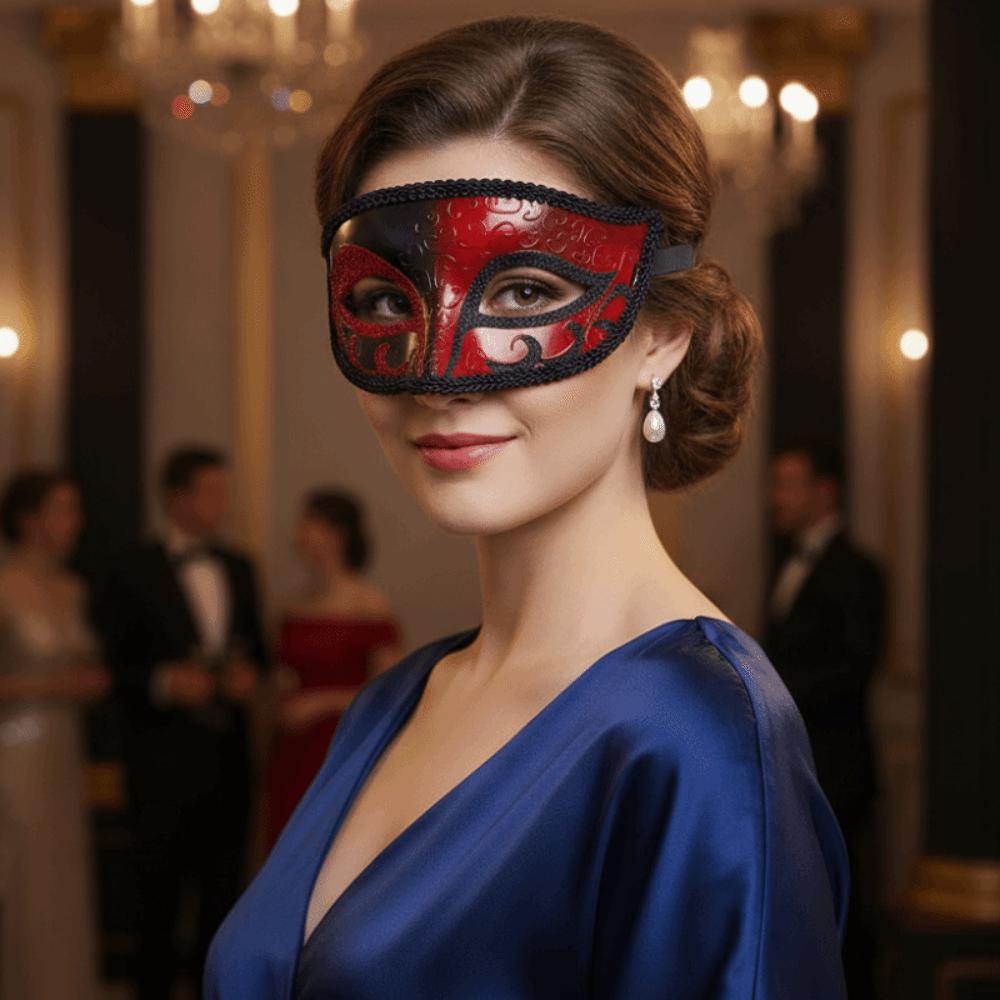 Half Face Cut Masquerade Eye Mask Rhinestone Embedded Side Flower Trim Mardi Gras Eyewear Soft Feather Accent Ribbon Tie Closure