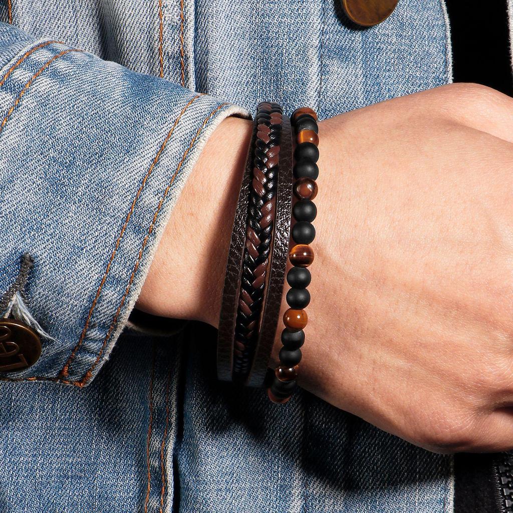 Men's Tiger Eye Beaded Multi-Layer Leather Bracelet