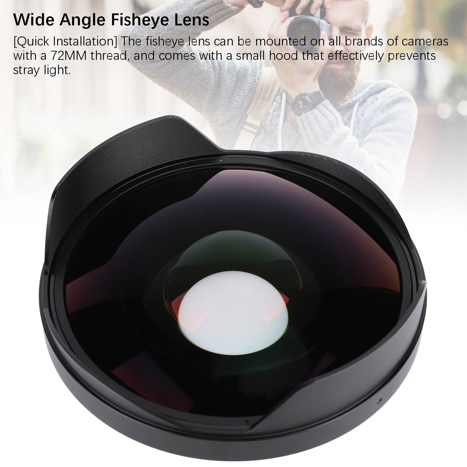 

0.3X Fisheye Lens 72mm Thread Mount Long Depth Of Field Wide Angle Fisheye Lens with Hood for Camcorder