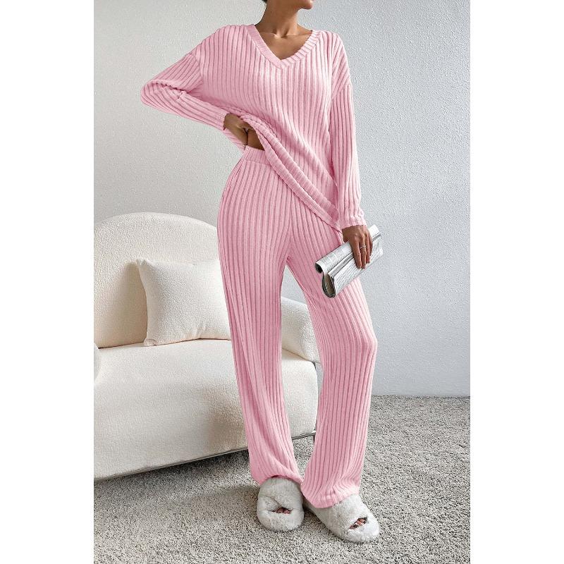 Autumn Fashion Casual Straight Leg Pants with Loose V-neck and Pit Stripe Knit Women's Two-piece Sets