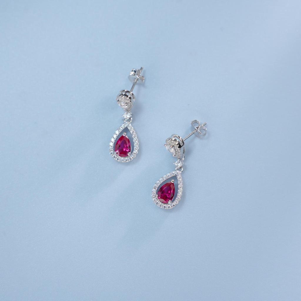 Zhou Hengfu S925 Sterling Silver Ruby Water Drop Earrings with Full Diamond, Light Luxury for Women