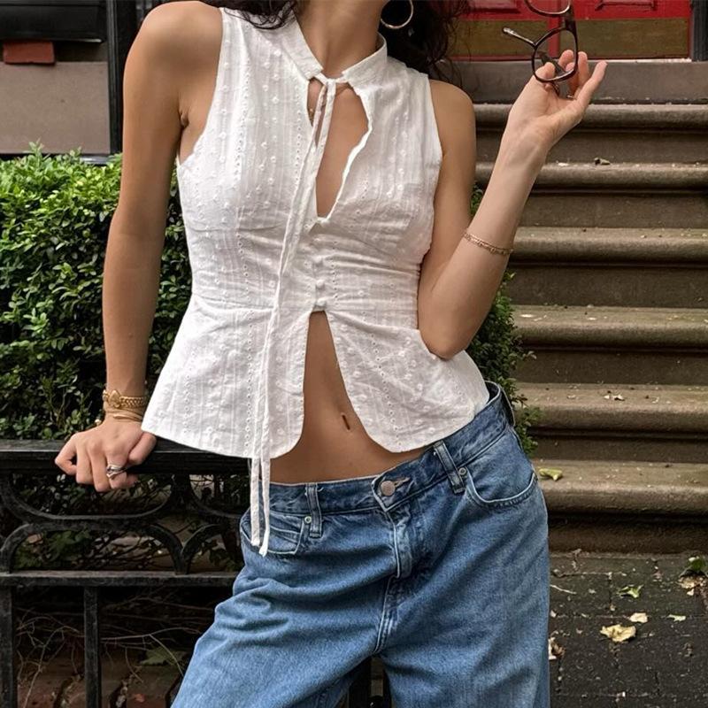 Summer New Fashion Street Style Sexy Navel-Revealing Slim-Fit Tie-Up Sleeveless Tank Top For Women