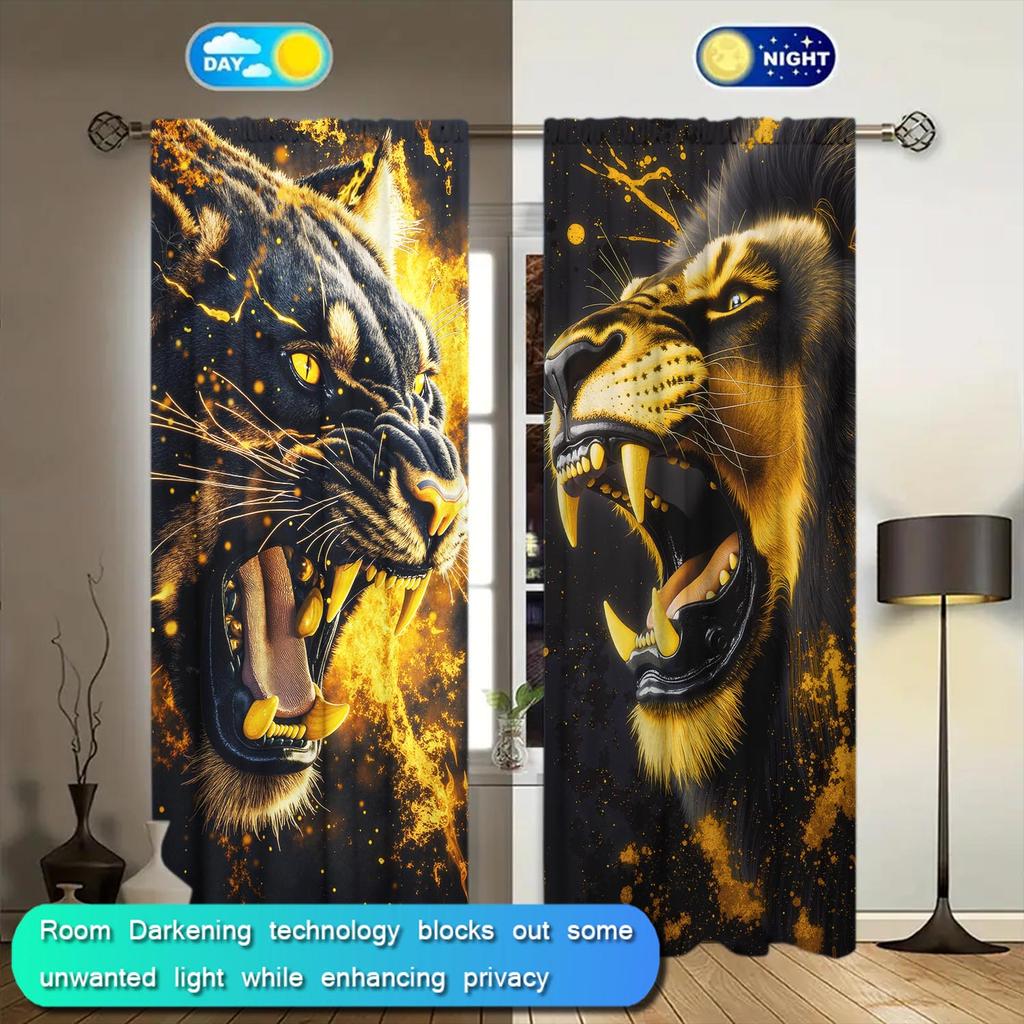 2pcs Domineering Golden Tiger Leopard Animal-themed Curtains   Semi-black-up Curtains   Suitable for Decorating Various Room Types