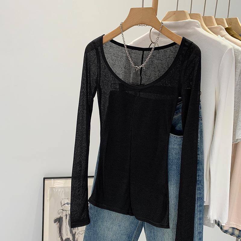 

Корейская тонкая модная прозрачная блузка с длинными рукавами для женщин - весна/лето Large чёрный