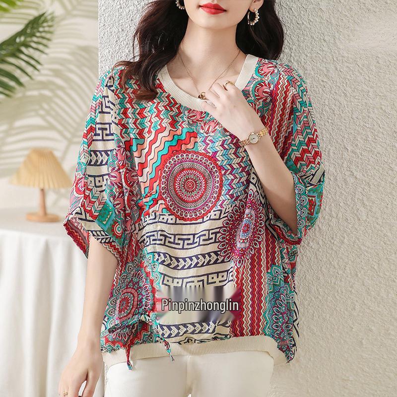 2023 Summer Plus Size Women's Loose Tencel Cotton Batwing Sleeve Sun Protective Tee