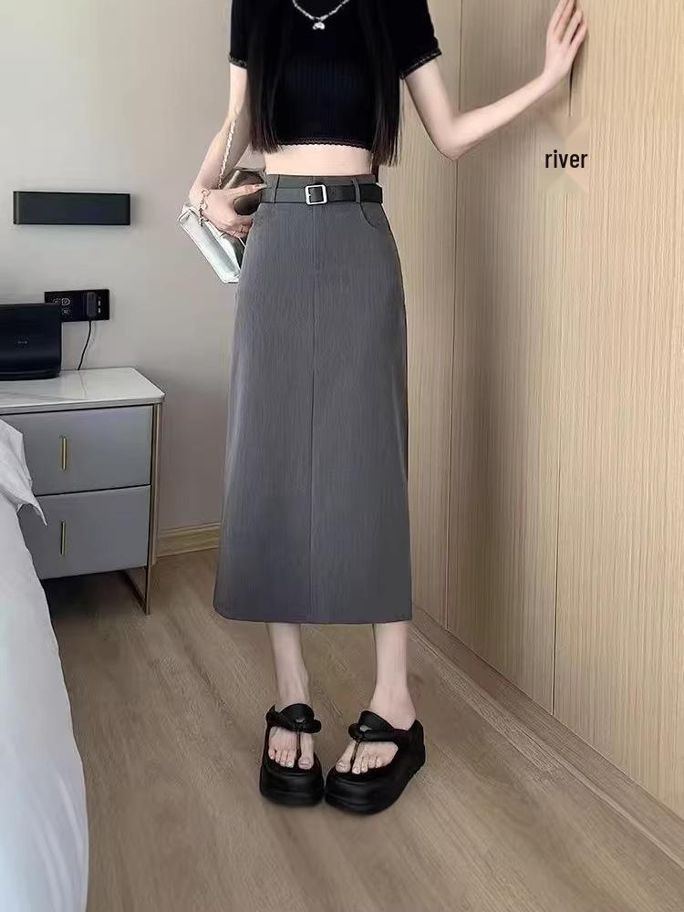 Women's High-Sense Black Slim-Fit A-Line Midi Skirt with Slit