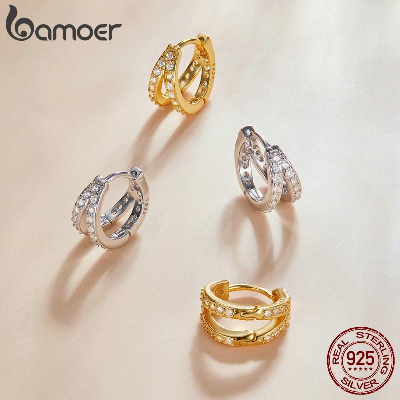 Bamoer Zircon Earrings 925 Silver Unique Double-layered Design Hoop Earrings Women Fine Jewelry