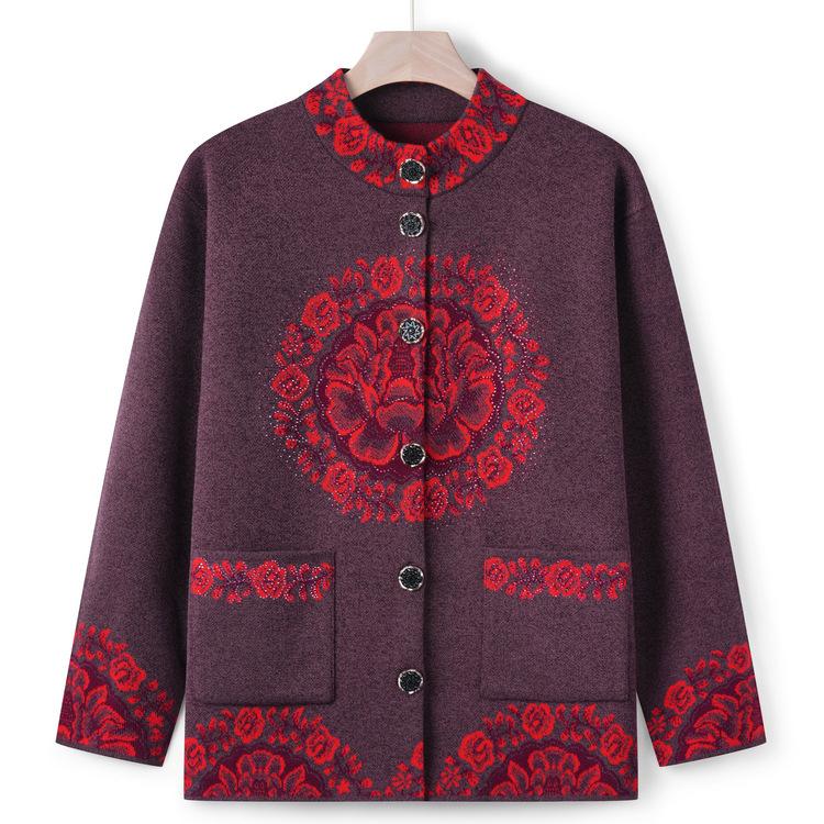 Middle-aged and Elderly Women's Sweater Autumn and Winter Sweater Jacket Grandma's Cardigan Top Mother's New Style Collar Flower Tang Suit