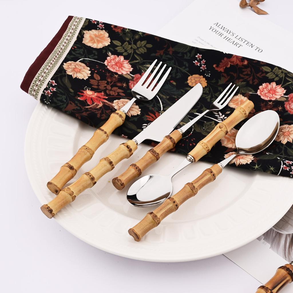 16-Piece Bamboo Handle Silverware Set Stainless Steel Flatware Set Include Spoons Forks Knives and Tea Forks, Cutlery Utensils Serves 4
