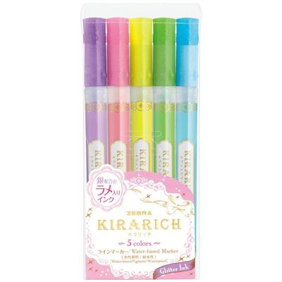 Zebra Kirarich Glitter Highlighter Set, 5 Colors (WKS18-5C) - Vibrant Sparkle for Notes & Journals