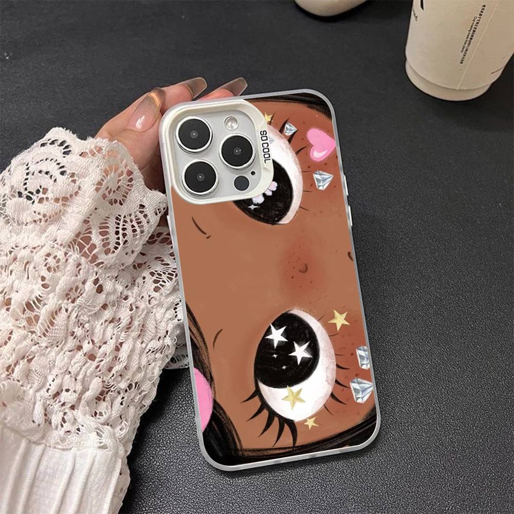 Kawaii Cute Black Big Eyes Cool Colored Silver frosted For iPhone Phone Case 17 16 15 14 13 12 11 Pro Max XR Plus Shockproof
