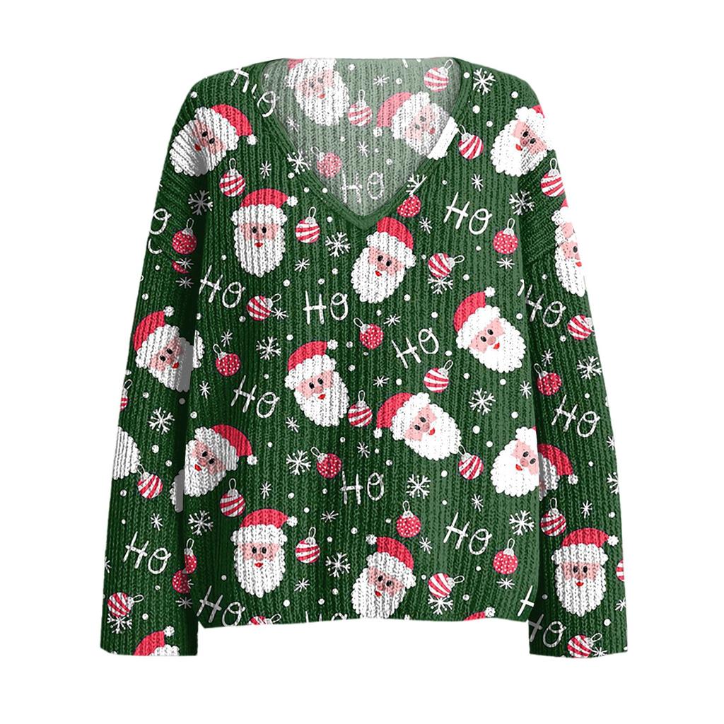 Damen Casual V-Ausschnitt Langarm Strickpullover mit Weihnachtsprint