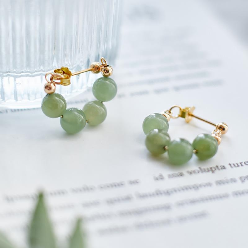 Natural Hetian Jade Green Dangle Earrings - New Chinese Style Studs for Women, National Style Qingyu Design