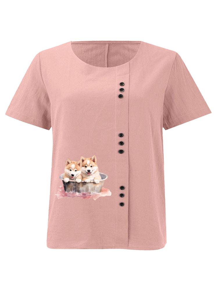 

Women s Fashion Couple Dog Print Round Neck Short Sleeve T-shirt Summer Casual Cotton Linen Graphic Shirt Leisure Loose Blouse Tops S розовый
