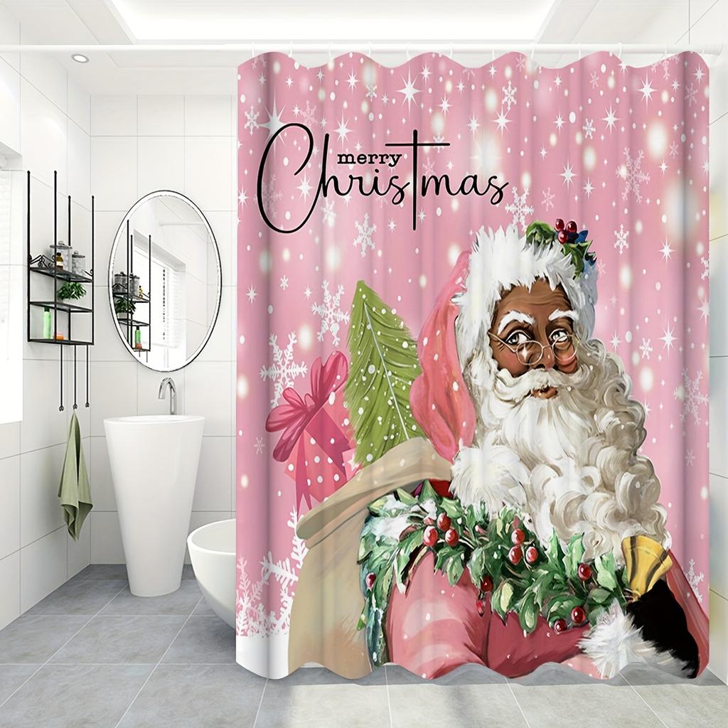 4-teiliges Weihnachtsmann-Duschvorhang-Set, wasserdichter Duschvorhang mit 12 Haken an der Rückseite, Badezimmermatte, U-förmiger WC-Vorleger, WC-Deckel-Pad