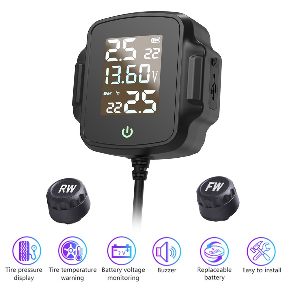 Systém monitorování tlaku v pneumatikách motocyklu Bezdrátový TPMS s USB nabíječkou Quick Charge 3.0 pro telefon se 2 externími senzory