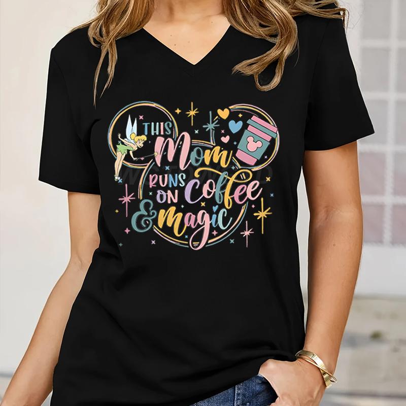 Coffee Lover Gift Tshirt This Mom Runs on Coffee and Magic Graphic T Shirts Women Mouse Ears Cute Coffee Mom Vneck Casual Tops