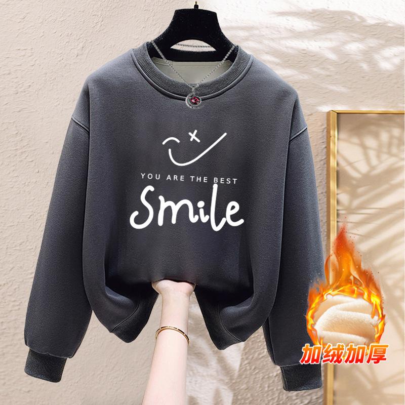 Autumn and winter velvet thickened trendy letter hoodless sweater women's pure cotton oversize Korean version of student loose coat