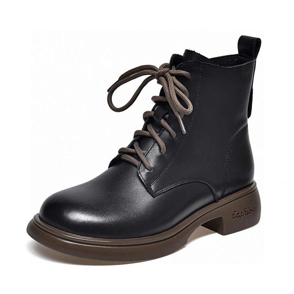 Rundkopf Martin Stiefel Damen Flachboden Kurzstiefel erste Schicht Rindsleder Schnürschuhe lässige Damenstiefel Bikerstiefel Lederstiefel