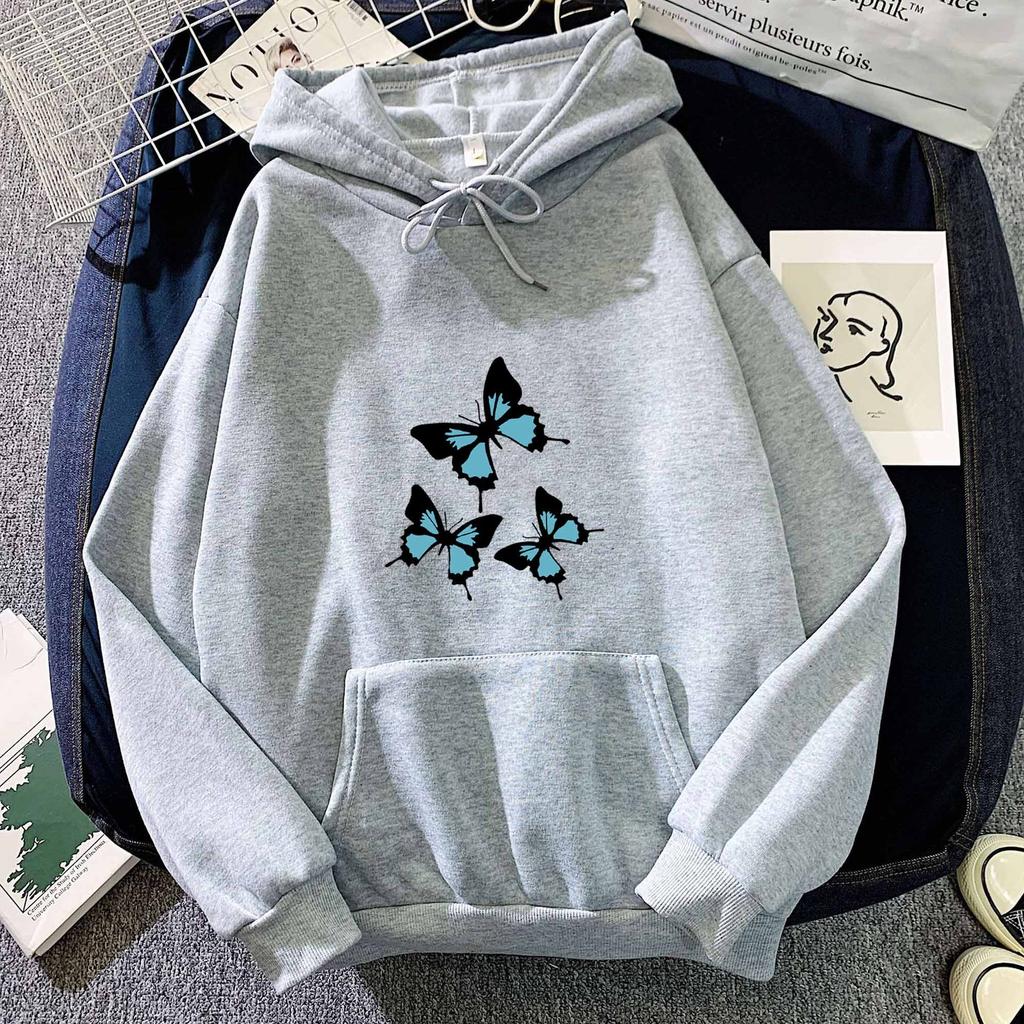 Autumn and Winter Black and Blue Butterfly Print Hoodie Sweatshirt for Men and Women Couples Korean Style Trendy Tops